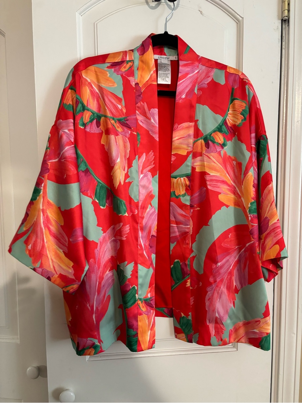 Chico's Red Floral Open-Front Kimono Jacket